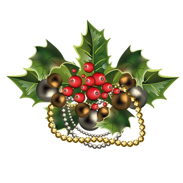 Kerst Decor Met Holly Bladeren Bessen Ballen — Stockvector