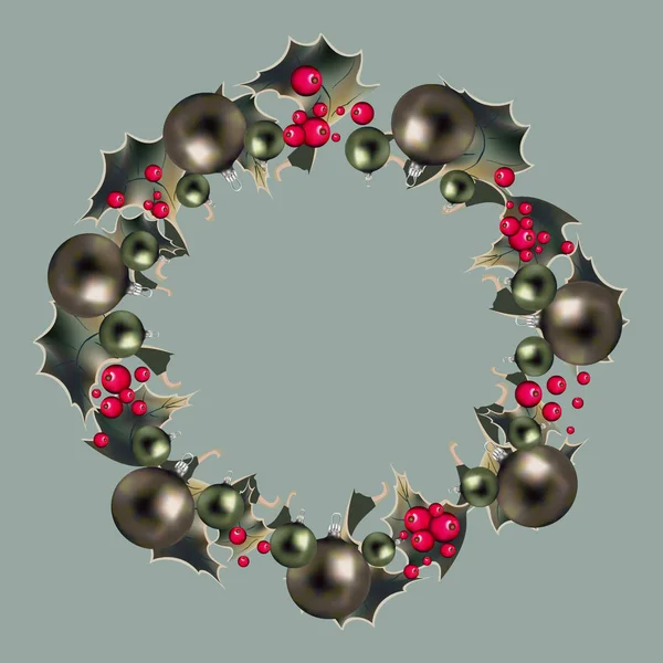 Χριστουγεννιάτικο Στεφάνι Φύλλα Και Holly Μούρα Και Μπάλες — Διανυσματικό Αρχείο