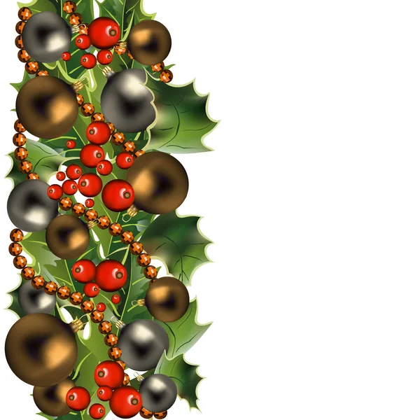 Kerst Decor Rand Met Holly Bladeren Bessen Ballen — Stockvector