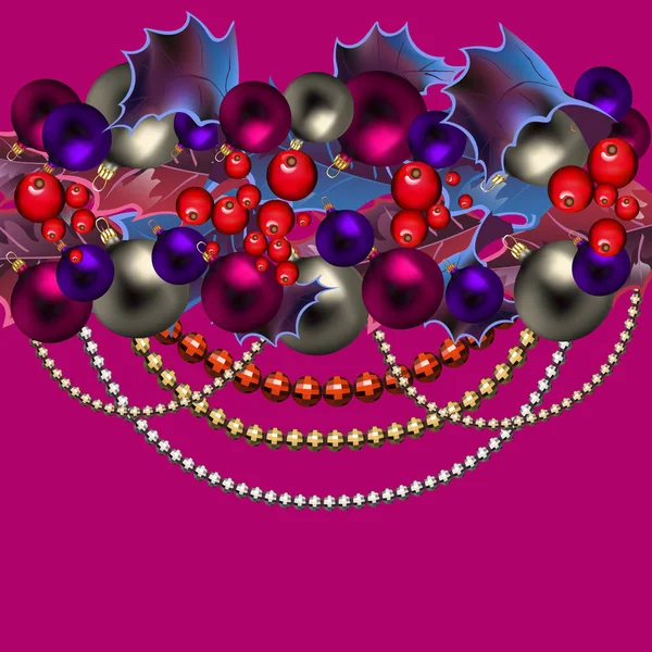 Новорічний Декор Бордюр Голлі Листя Ягоди Кульки — стоковий вектор