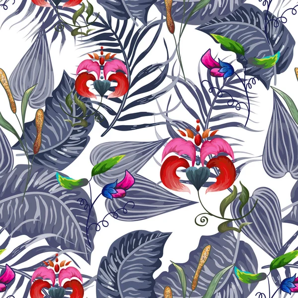 Nahtloser Hintergrund Mit Tropischen Blättern Und Blumen — Stockvektor