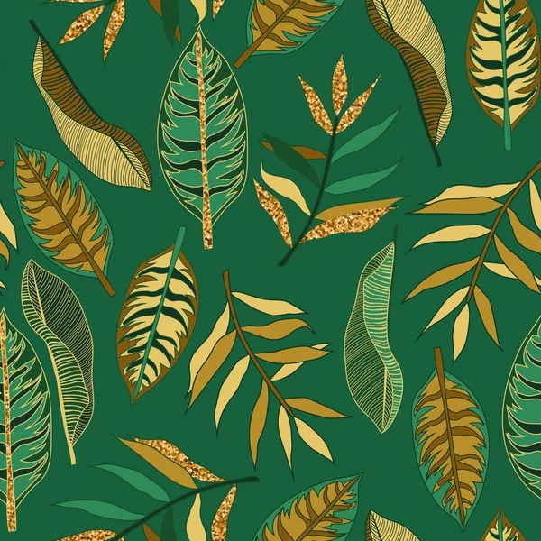 Fondo Sin Costuras Con Hojas Tropicales Flores Destellos Dorados — Vector de stock