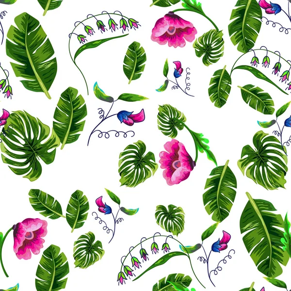 Nahtloser Hintergrund Mit Tropischen Blättern Und Blumen — Stockvektor