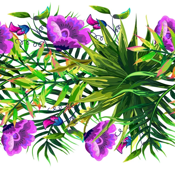 Бесшовный Фон Тропическими Листьями Цветами — стоковый вектор