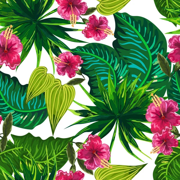 熱帯の葉と花とのシームレスな背景 — ストックベクタ