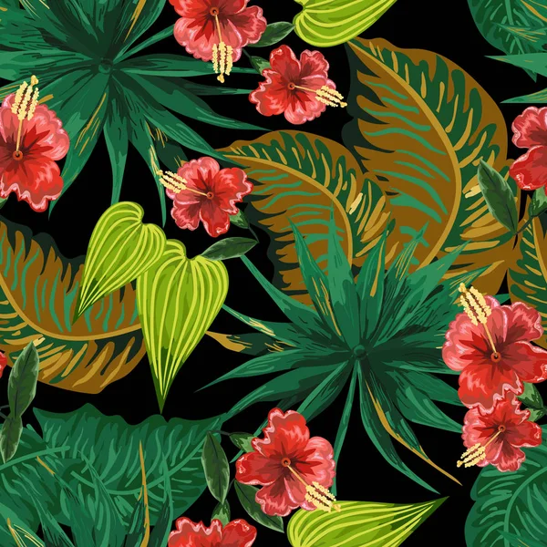 Fondo Sin Costuras Con Hojas Flores Tropicales — Vector de stock