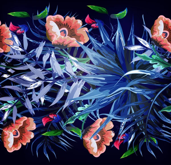 无缝背景与热带的叶子和花 — 图库矢量图片