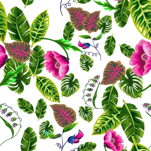 Fond Sans Couture Avec Des Feuilles Tropicales Des Fleurs — Image vectorielle