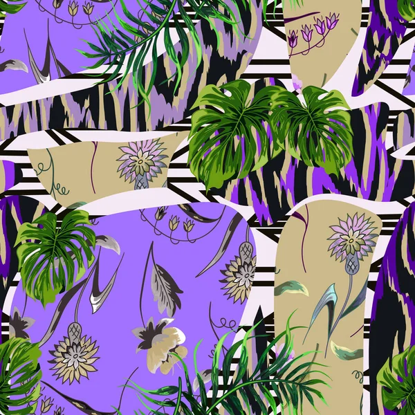 Padrão Sem Costura Abstrato Com Folhas Flores Tropicais Listras Tigre Ilustração De Stock