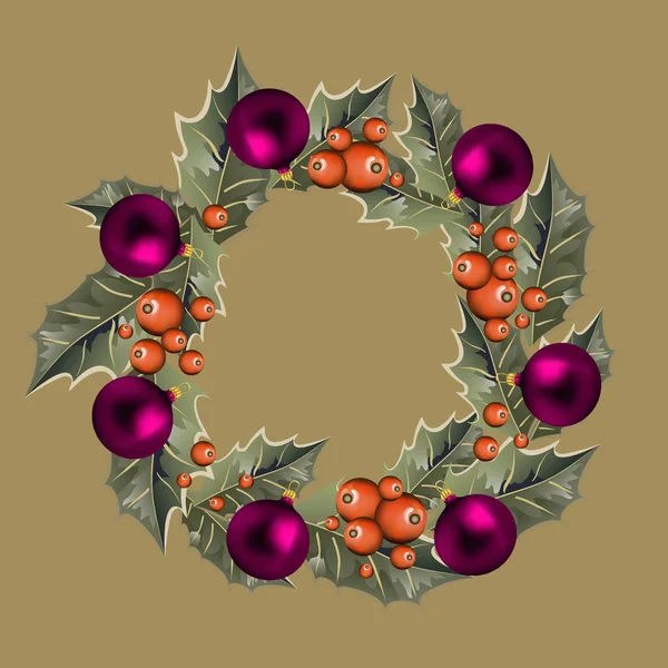 Corona Navidad Con Hojas Bayas Acebo Bolas Gráficos vectoriales