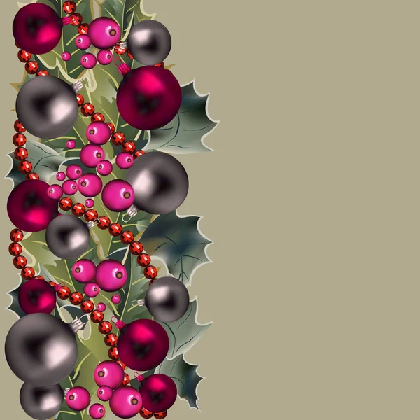 Decoración Navidad Borde Con Hojas Acebo Bayas Bolas Gráficos Vectoriales