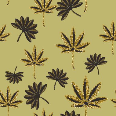 Tropikal yaprakları ve altın glitter ile sorunsuz arka plan