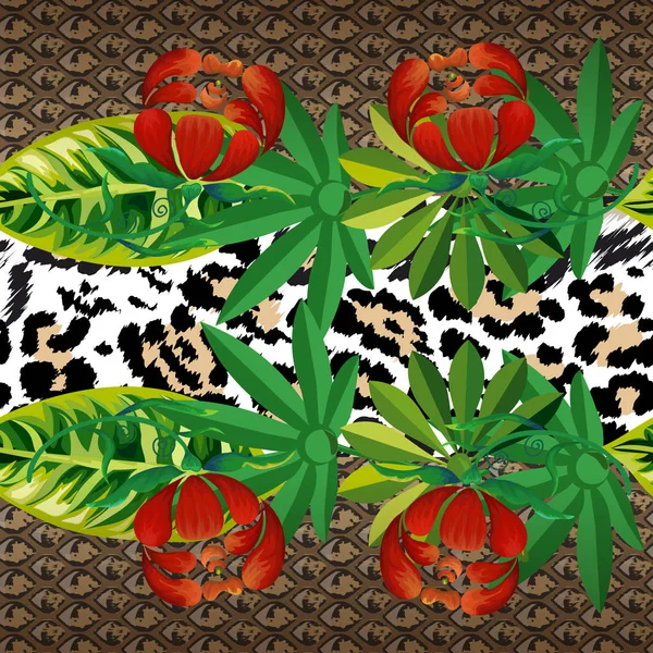 Seamless Pattern Jaguar Spots Snake Skin Tropical Leaves Flowers — Stock Vector