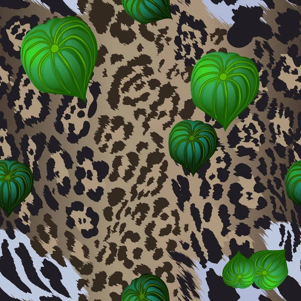 Padrão Sem Costura Pele Leopardo Folhas Tropicais —  Vetores de Stock