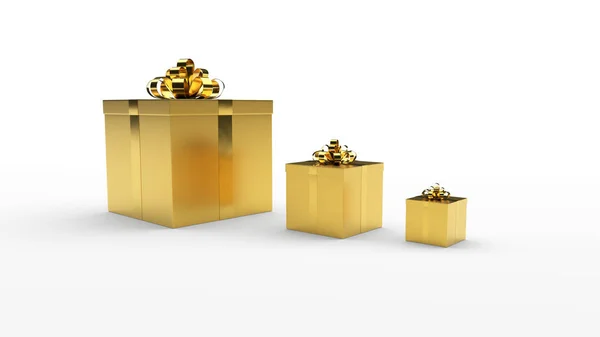 Three golden gift boxs with golden ribbon bow stand in a row on the light background — Stock Photo, Image