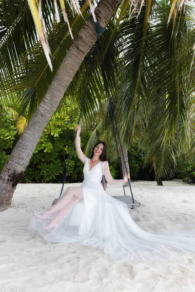 En brud i en vit klänning rider på en gunga under en stor palmträd. Stockbild