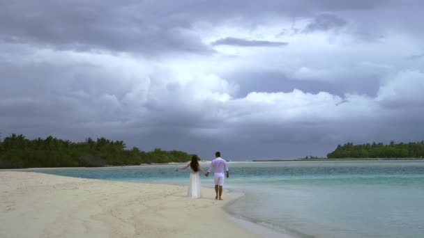 新婚夫婦は手をつないで、豪華な白い砂浜とターコイズブルーの水の上を歩いています. — ストック動画