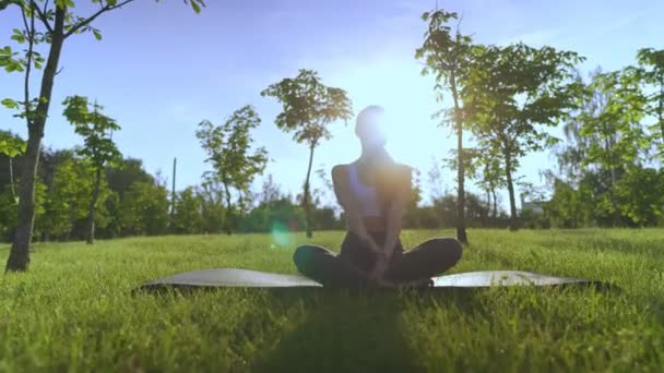 Mladá žena jóga venku udržet klid a medituje při cvičení jógy prozkoumat vnitřní klid. — Stock video
