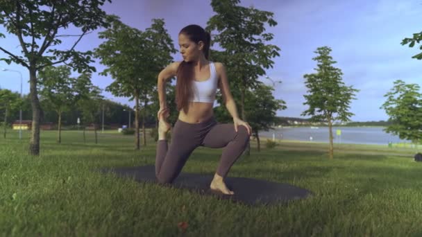 Mladá žena jóga venku udržet klid a medituje při cvičení jógy prozkoumat vnitřní klid. — Stock video