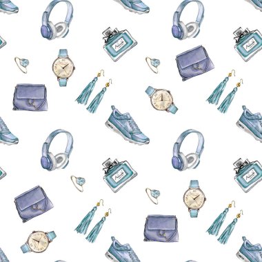 Suluboya moda dikişsiz desen. Moda aksesuarları kümesi. Çanta, küpeler, saatler, spor ayakkabıları, parfüm, yüzük. Elle çizilmiş illüstrasyon.