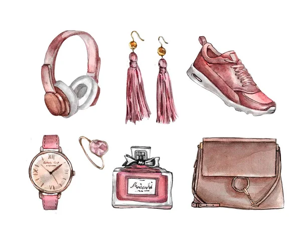 Moda Acuarela Set Accesorios Moda Bolso Pendientes Relojes Zapatillas Perfume —  Fotos de Stock