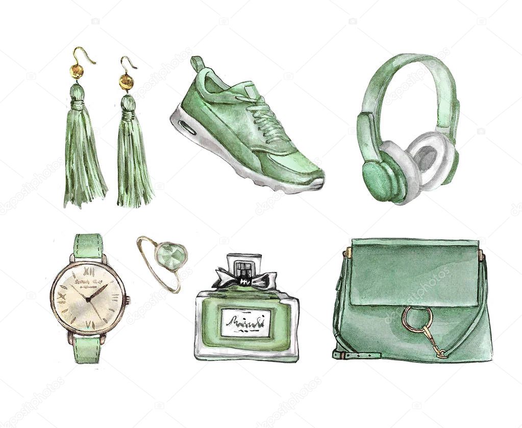 Watercolor Fashion. Set of trendy accessories. Bag, earrings, watches, sneakers, perfume,ring. Hand drawn illustration.