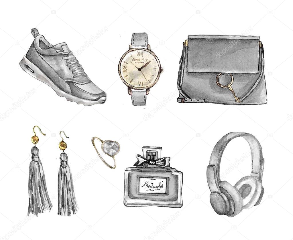 Watercolor Fashion. Set of trendy accessories. Bag, earrings, watches, sneakers, perfume,ring. Hand drawn illustration.