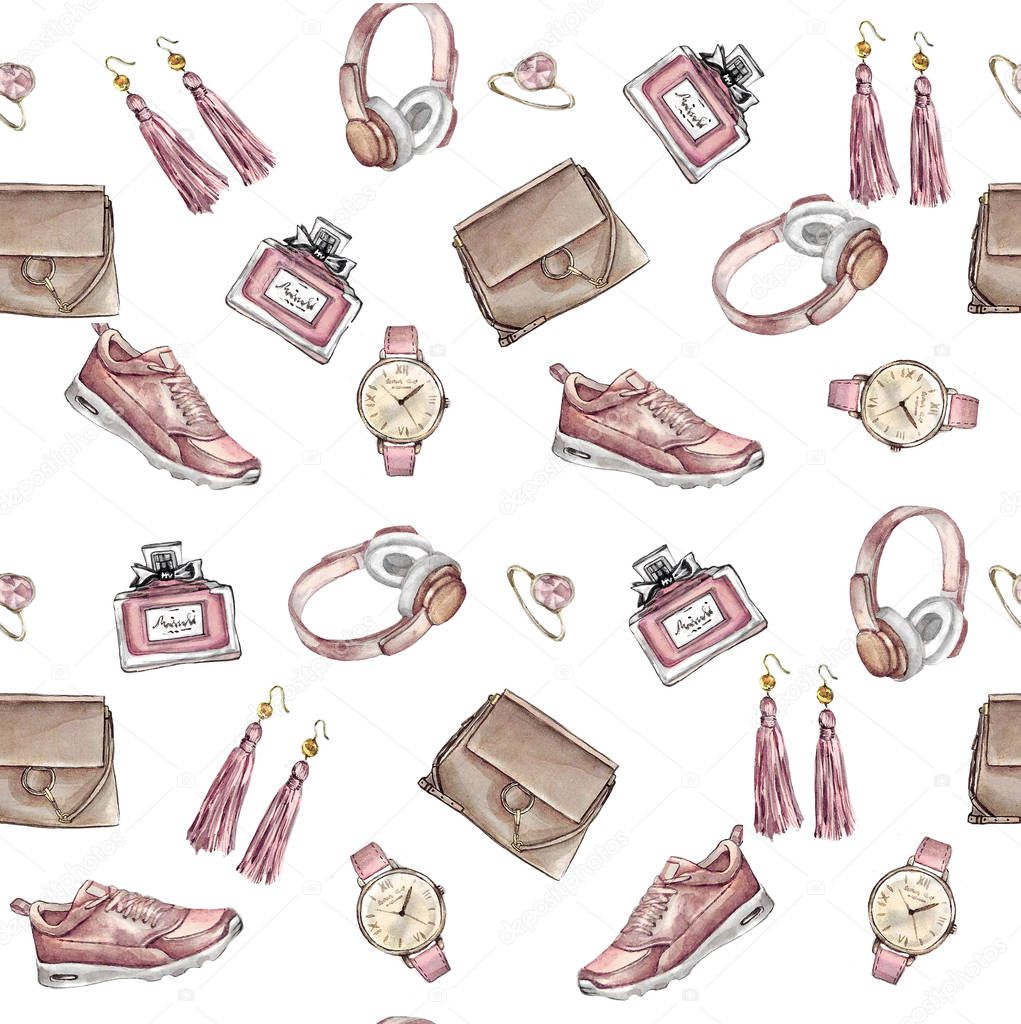 Watercolor Fashion seamless pattern. Set of trendy accessories. Bag, earrings, watches, sneakers, perfume,ring. Hand drawn illustration.