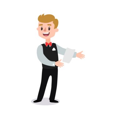 Garson bir tabak tavuk çizgi film karakteri tutan üniforma giydiği bildirildi. Eğlenceli kümesi düz çizgi film kişi. Beyaz arka plan üzerinde izole.