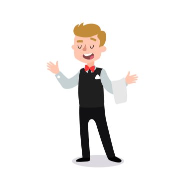 Garson bir tabak tavuk çizgi film karakteri tutan üniforma giydiği bildirildi. Eğlenceli kümesi düz çizgi film kişi. Beyaz arka plan üzerinde izole.