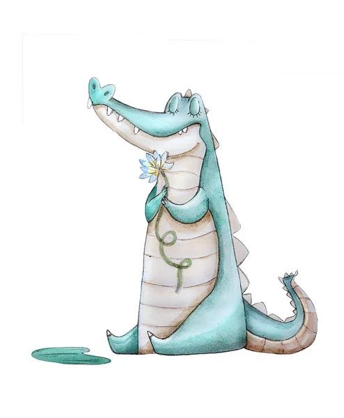 Ręcznie Rysowane Akwarela Zwierzę Aligator Ładny Zabawny Charakter Dobry Dla — Zdjęcie stockowe