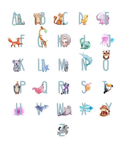 Animal Alphabet Letter Funny Kids Russian Alphabet Animals Watercolor — стоковое фото