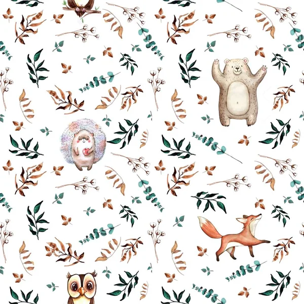 Watercolor Cute Hand Drawn Seamless Pattern Wild Forest Animals — Stock Photo, Image