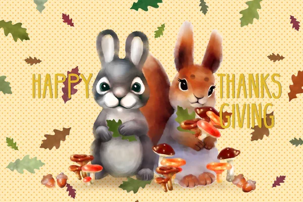 Kartu liburan dengan tupai, kelinci abu-abu, daun warna musim gugur, jamur dan teks "Happy thanksgiving" untuk hari Thanksgiving. Latar belakang alami dengan karakter kartun lucu . — Stok Gambar Kartu Liburan Dengan Tupai Kelinci Abu Abu Daun Warna Musim Stok Gambar