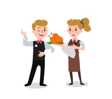 Garson bir tabak tavuk çizgi film karakteri tutan üniforma giydiği bildirildi. Eğlenceli kümesi düz çizgi film kişi.