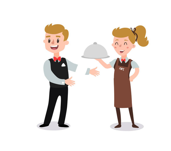 waiter wearing the uniform holding a dish of chicken cartoon character. Set of fun flat cartoon person.