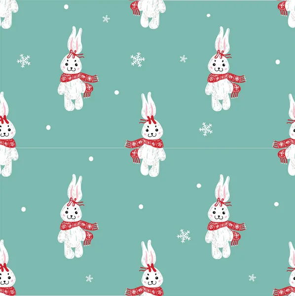 Seamless Vector Pattern Cute Bunny Bear Scarf Hat Can Used — Stock Vector