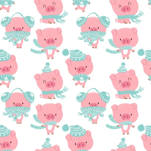 Seamless Cute Celebrated Baby Pig Blue Pastel Cartoon Background Pattern — Stock Vector