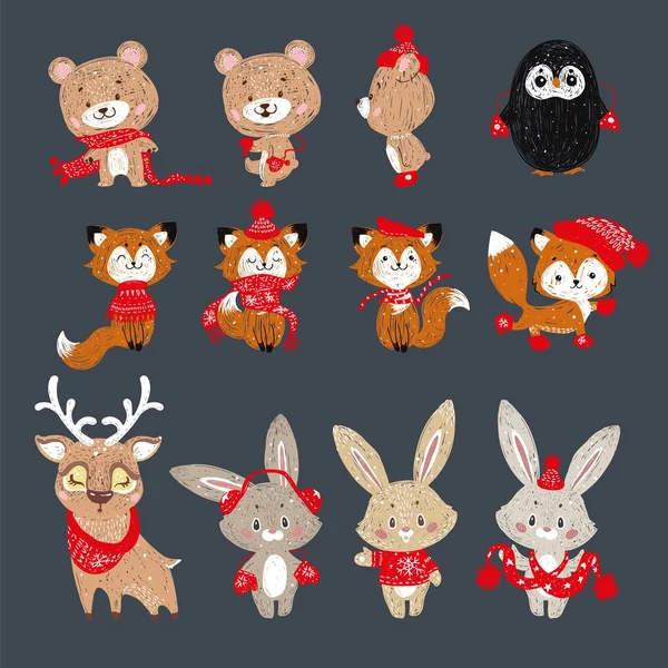 かわいいクリスマスの森動物のアイコンを設定します ベクター クリスマスの赤いスカーフで手描き林に住む動物のセットです ウサギ キツネ ステッカー — ストックベクタ