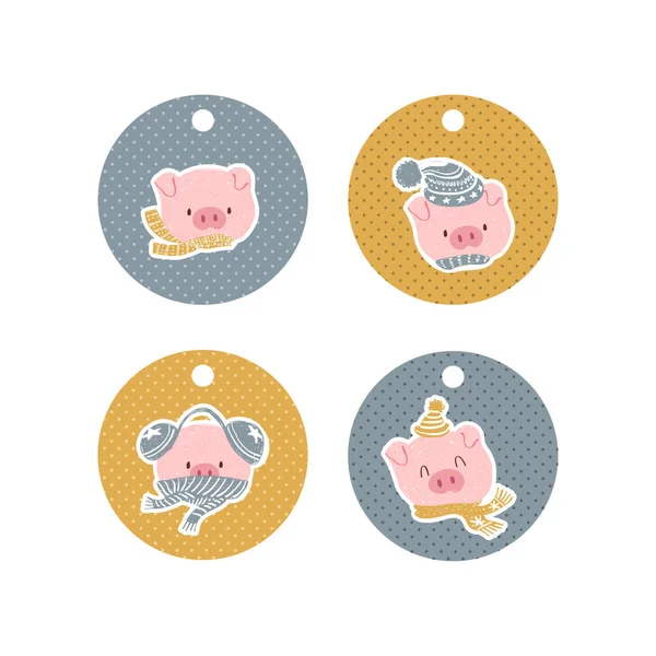 Christmas Tags Cute Collection Labels Funny Pigs Hat Scarf Vector — Stock Vector