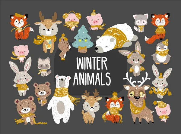 Schattige Cartoon Karakter Illustratie Voor Kerstmis Nieuwjaar Viering Set Winter — Stockvector