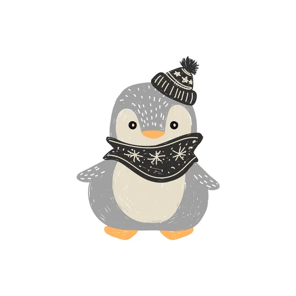 Schattig Hand Getekende Kwekerij Poster Met Pinguïn Met Een Sjaal — Stockvector