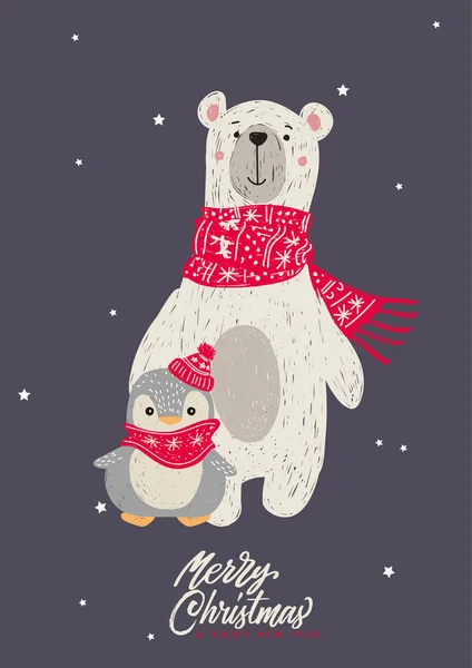 Vetor Desenhado Mão Ilustração Urso Para Cartão Natal Feliz Cartão — Vetor de Stock