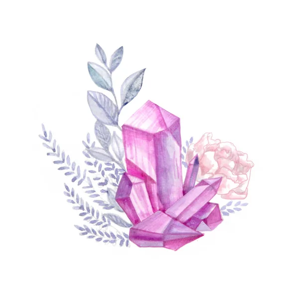 水彩花束的花卉和宝石宝石 手绘组合在白色背景隔绝 艺术矿产与植物设计 — 图库照片