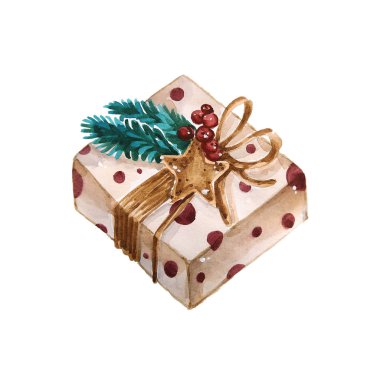 Noel, suluboya, hediye kutusu. Kutu Noel ağacı dalları, halatlar ile süslüdür, 
