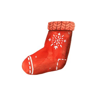 Noel çorap hediye ile. Elle çizilmiş suluboya. Beyaz isolatedd arka plan üzerinde izole.