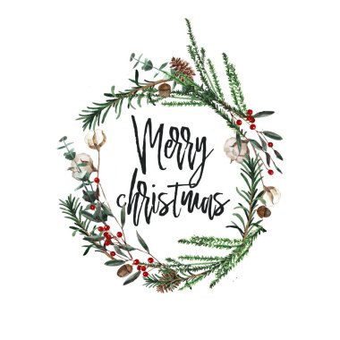 Neşeli Noel kartı. Çamın dalları ve kırmızı meyveler, pamuk ve çam kozalakları çelenk. Çorap, hediyeler, çizilmiş suluboya ile yuvarlak çerçeve.