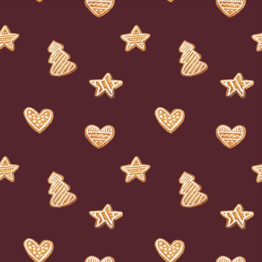 Noel gingerbread seamless modeli. Mavi arka plan zencefil çerezleri. Sulu boya resim. Şirin Xmas arka plan duvar kağıdı, hediye kağıt için,
