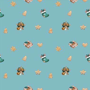 Noel çorap, gingerbread çerezleri, Noel ağacı dalları, kırmızı meyveler, tarçın, şeker kamışı, turuncu Seamless modeli