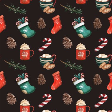 Noel çorap, gingerbread çerezleri, Noel ağacı dalları, kırmızı meyveler, tarçın, şeker kamışı, turuncu Seamless modeli